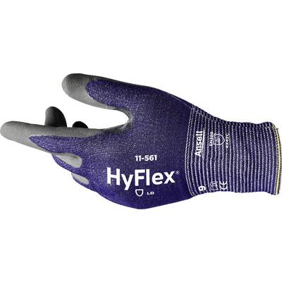 Blå beskyttelseshandsker fra HyFlex med grå fingerspidser, modelnummer 11-561, viser beskyttelsessymboler og størrelsesoplysninger.