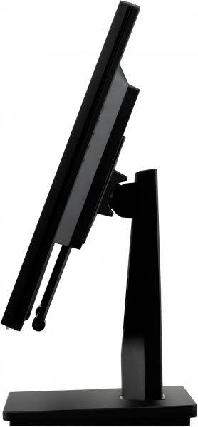Sidevisning af en sort computerskærm, der er vinklet bagud, monteret på en stabil base.
