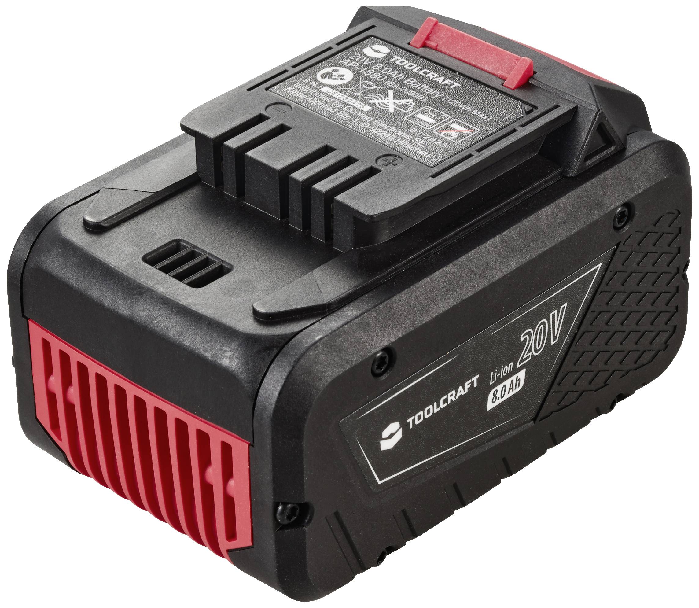 En sort akkupack med rødt detalje, mærket med 'TOOLCRAFT Li-Ion 20V'. Egnet til værktøj, viser tekniske specifikationer.