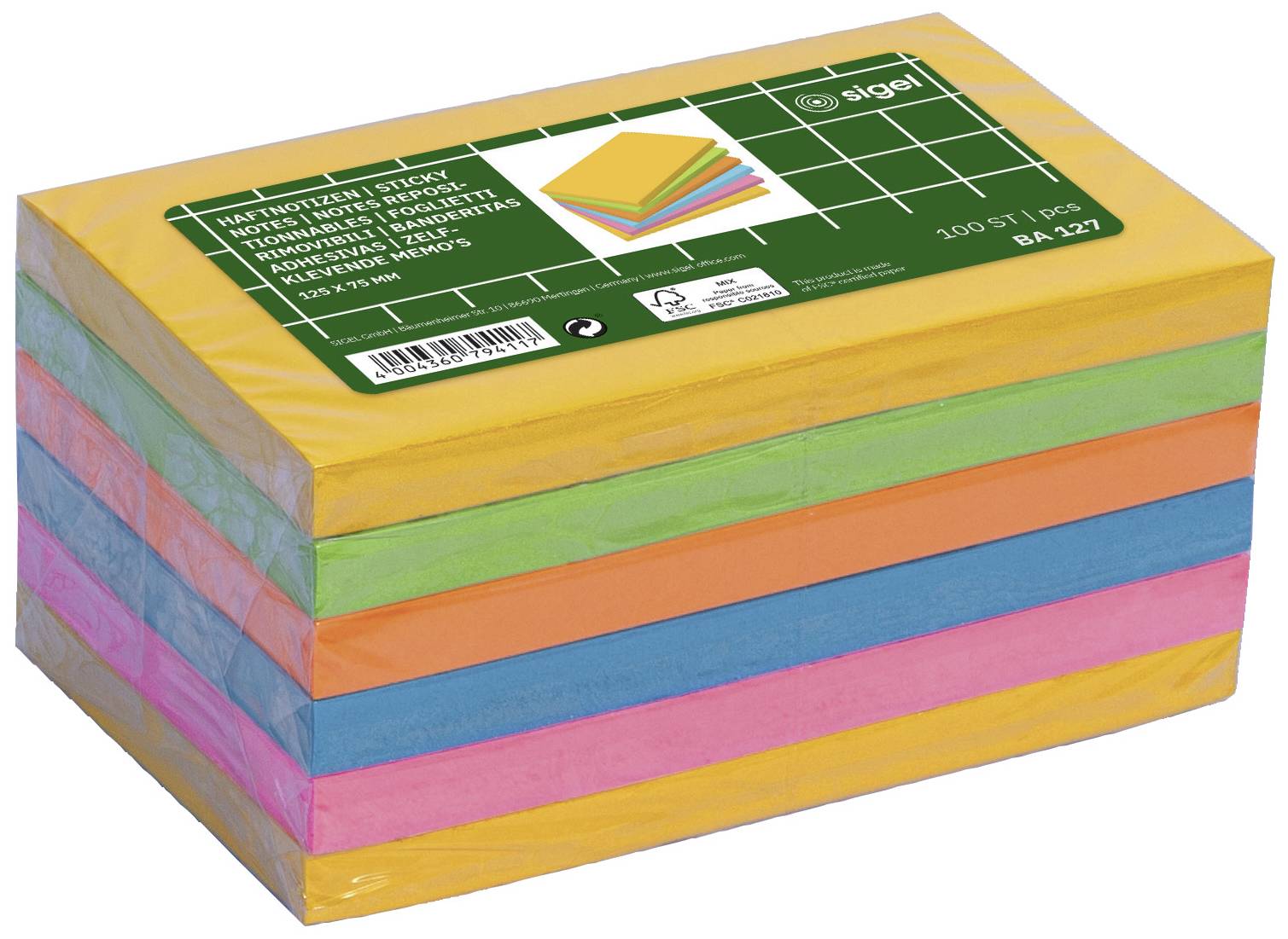 Sigel Post-It BA127 125 mm x 75 mm Blå , Gul, Grøn, Orange, Pink 600 ...