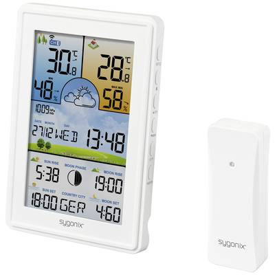 Trådløs vejrstation med LCD-skærm viser temperatur, luftfugtighed, klokkeslæt, dato, månedfaser og solOpgangs- og nedgangstider.