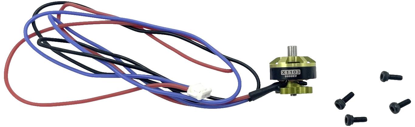 Lille elektromotor med gult hus, modelnummer 'X1103', med tilsluttede ledninger og fem sorte skruer.