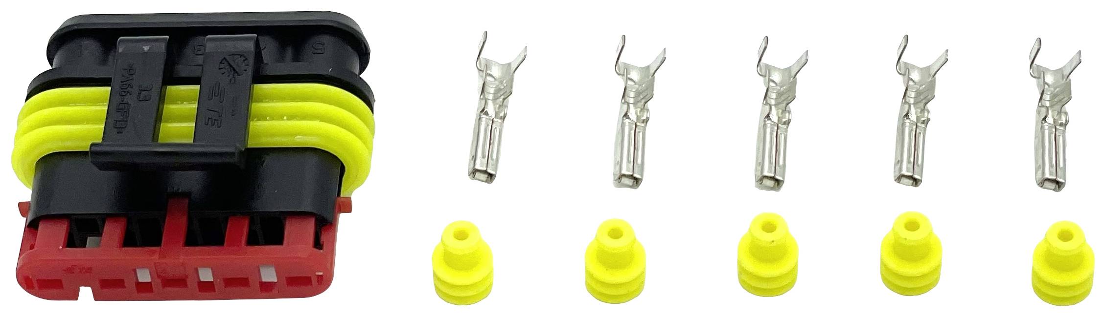 En seksplet elektrisk stikforbinder med sorte og gule elementer, ledsaget af fem metalstikben og gule tætninger. Velegnet til kabelsammenkobling i køretøjer.