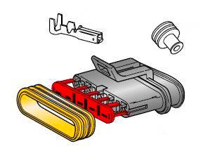 Illustration af en elektrisk stikforbinder med flere komponenter: Hus, ben og tætningsring. Viser monteringen af delene.