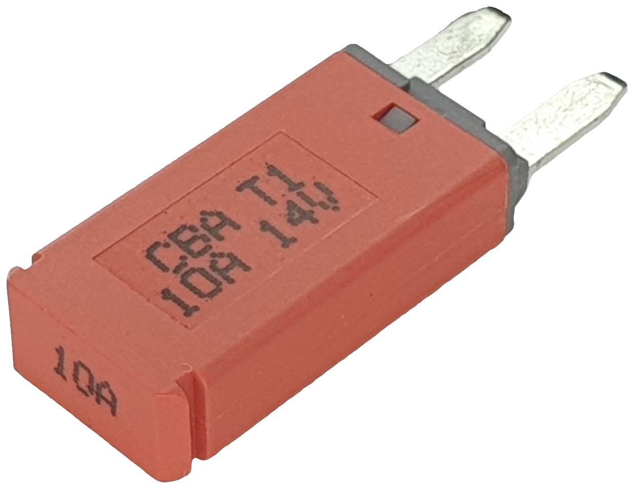 Et rødt fladsikreblad med påskriften 'CBA T1 10A 14V' og '10A' på siden, til elektriske anvendelser.