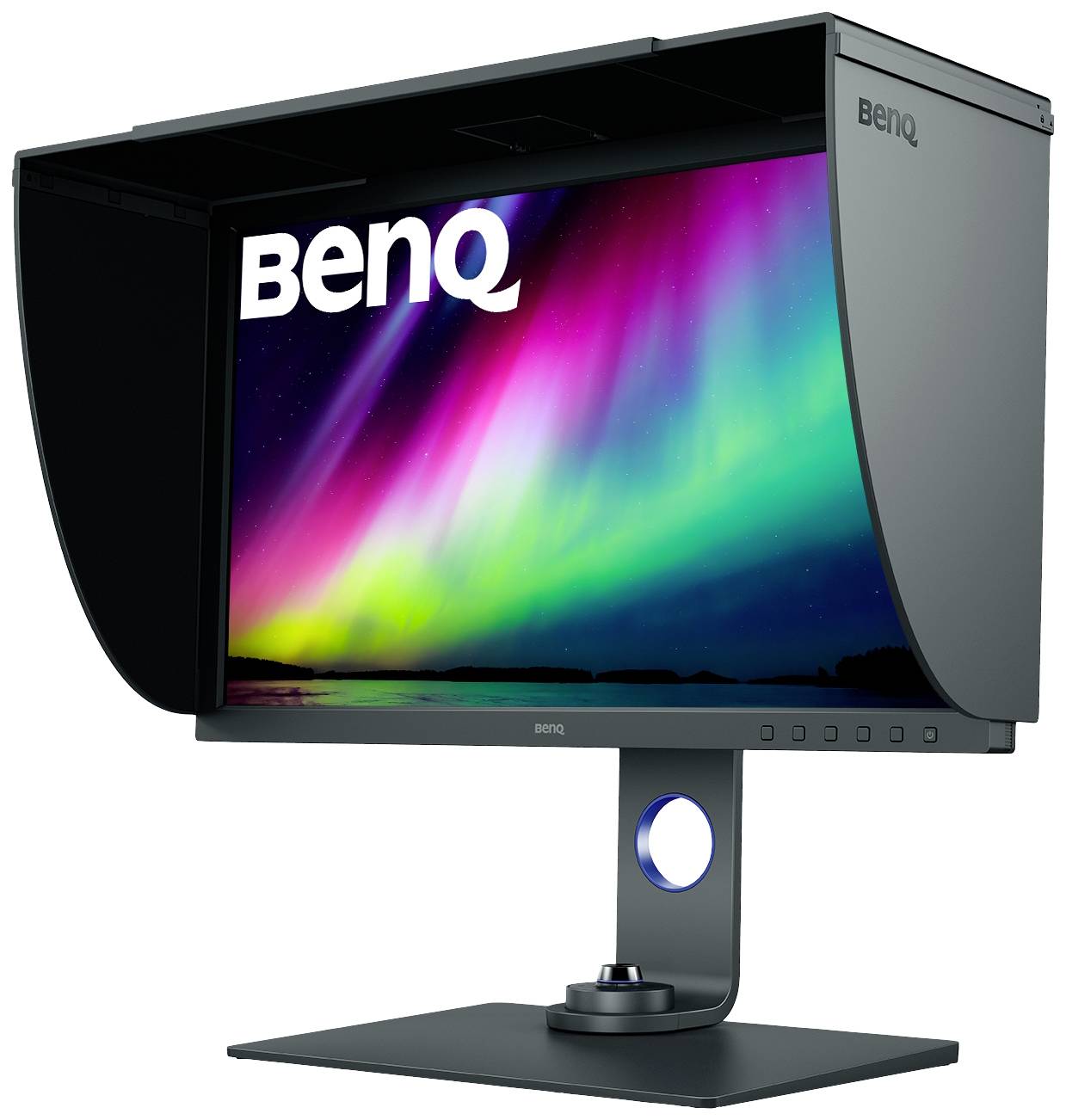En sort BenQ-skærm med blændingsreducerende hætte viser et farverigt billede af nordlys på skærmen.