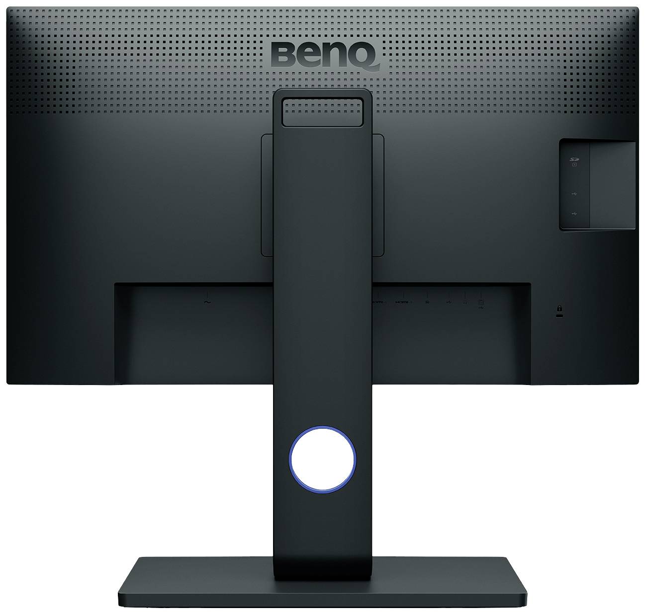 En sort skærm fra BenQ, set bagfra, med central fod og synlige ventilationsåbninger.