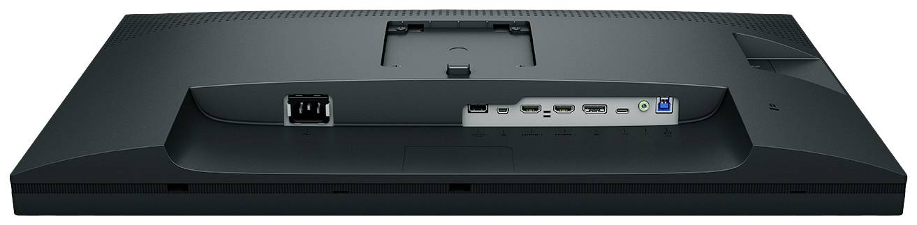 Bagsiden af en skærm med forskellige stik, herunder HDMI, DisplayPort og USB. Ingen yderligere detaljer synlige.