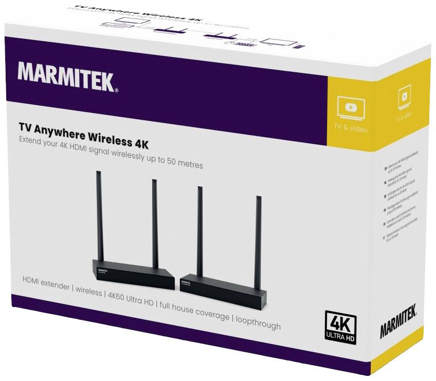 Emballage til en Marmitek TV Anywhere trådløs 4K HDMI-forlænger, som understøtter trådløs signaloverførsel på op til 50 meter.