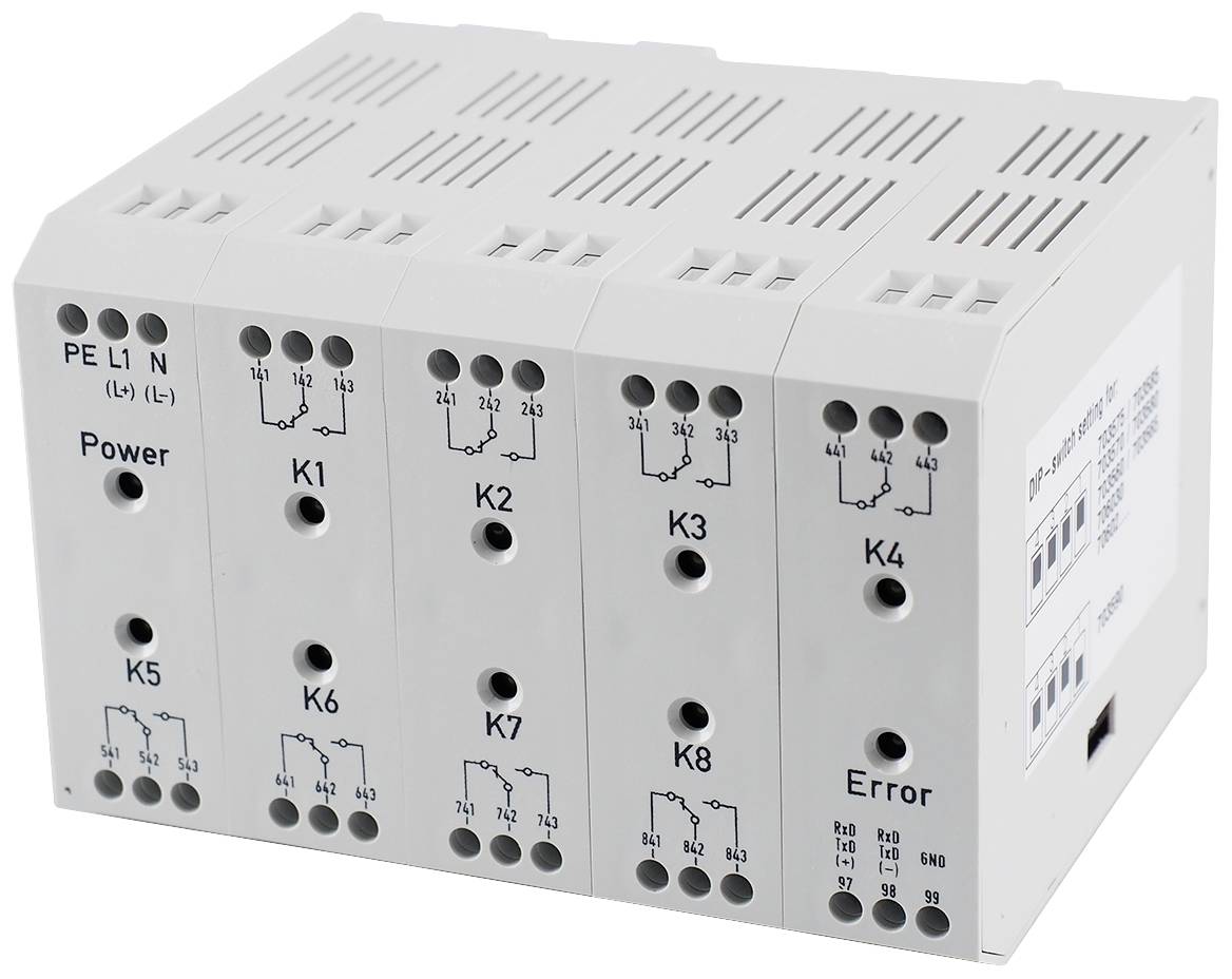 En grå, flerkanalig elektronisk enhed med påskrifterne 'Power', 'K1' til 'K8' og 'Error'. Tilslutninger synlige øverst og nederst.