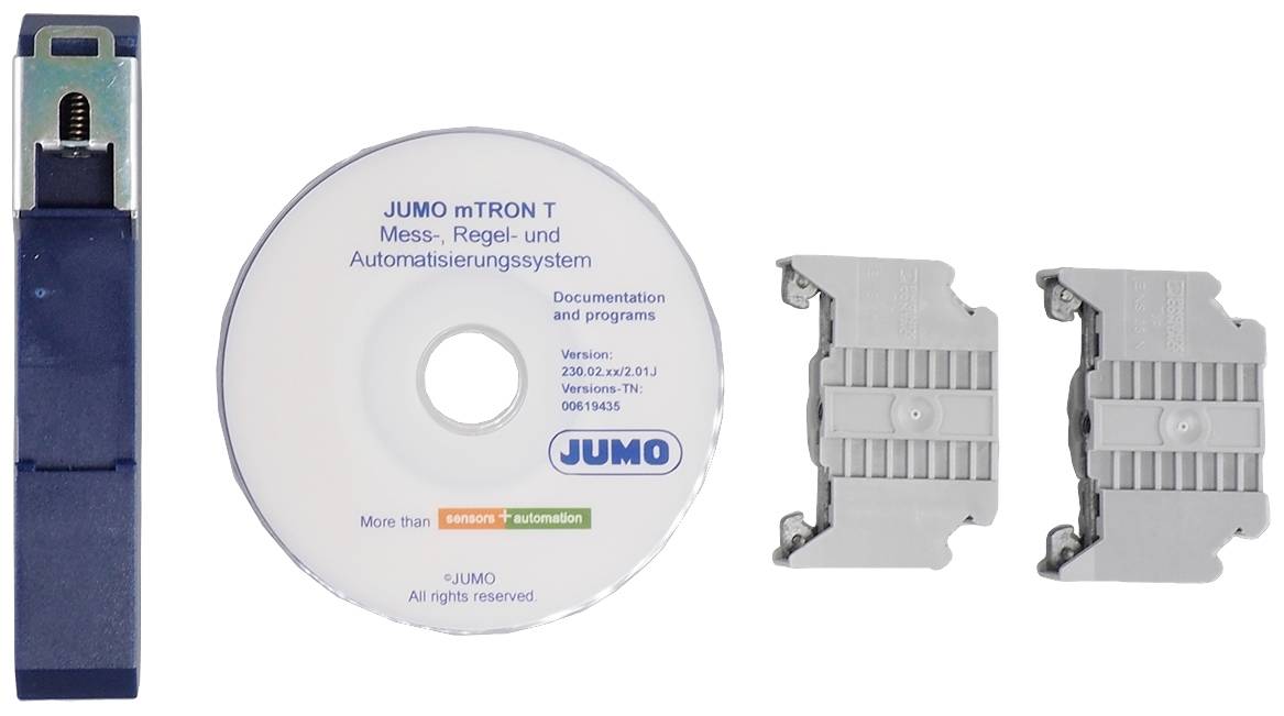 'JUMO mTRON T' CD til et måle-, regulerings- og automatiseringssystem med tilbehør som elektriske tilslutninger.