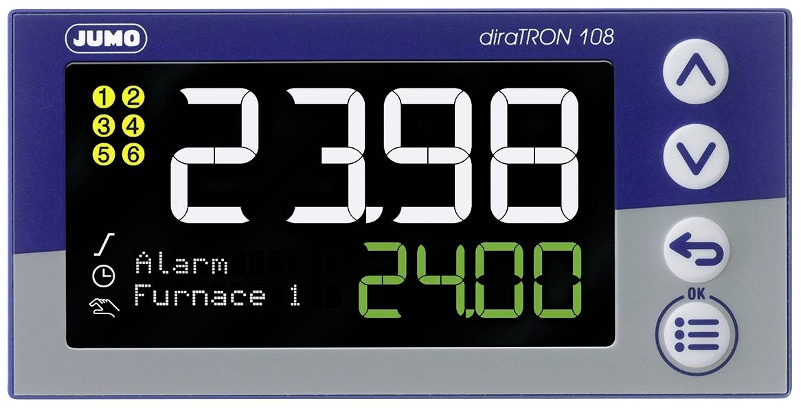 Digital display med tallet '2398', en alarmmeddelelse 'Alarm Ovn 1' og tallet '24.00' i grøn farve, omgivet af betjeningsknapper.