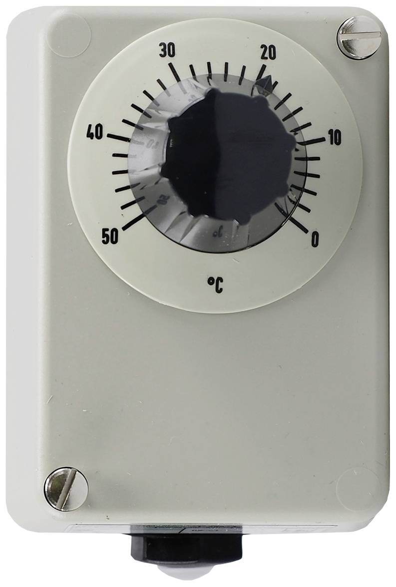 En analog temperaturafbryder med skala fra 0 til 50 grader Celsius. Viseren peger på omkring 21 grader.