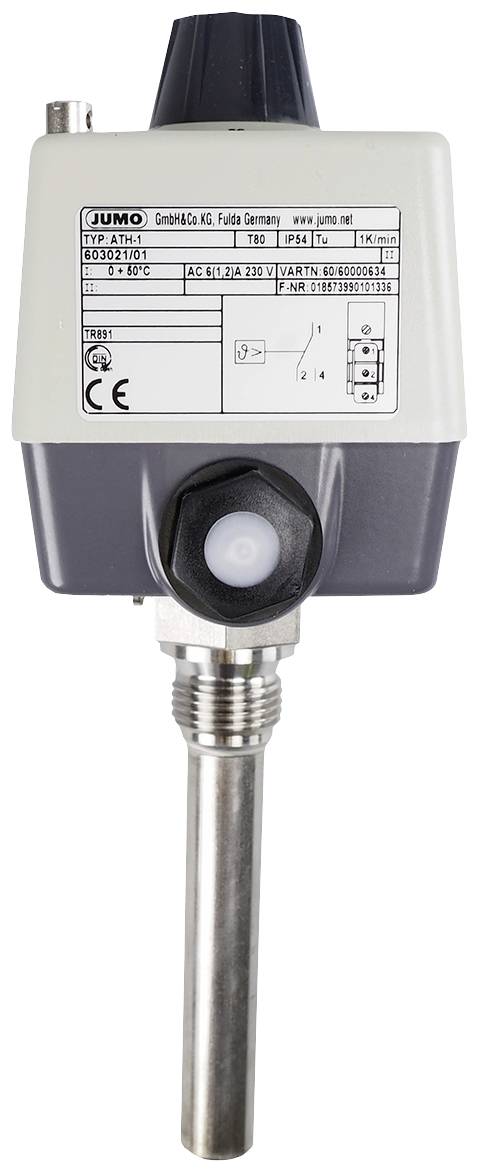 JUMO temperatursensor med trykføler, CE-mærkning, serienummer og tekniske detaljer på etiketten.