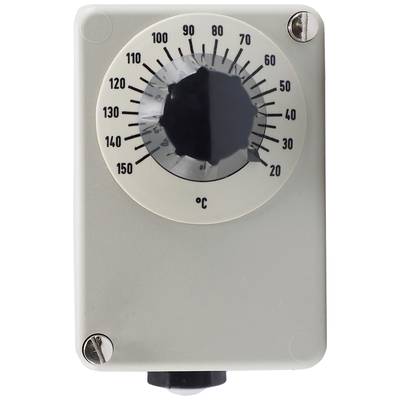 Et gråt hus med et stort, sort drejehjul. Hjulet viser temperaturer fra 0 til 150 grader Celsius.
