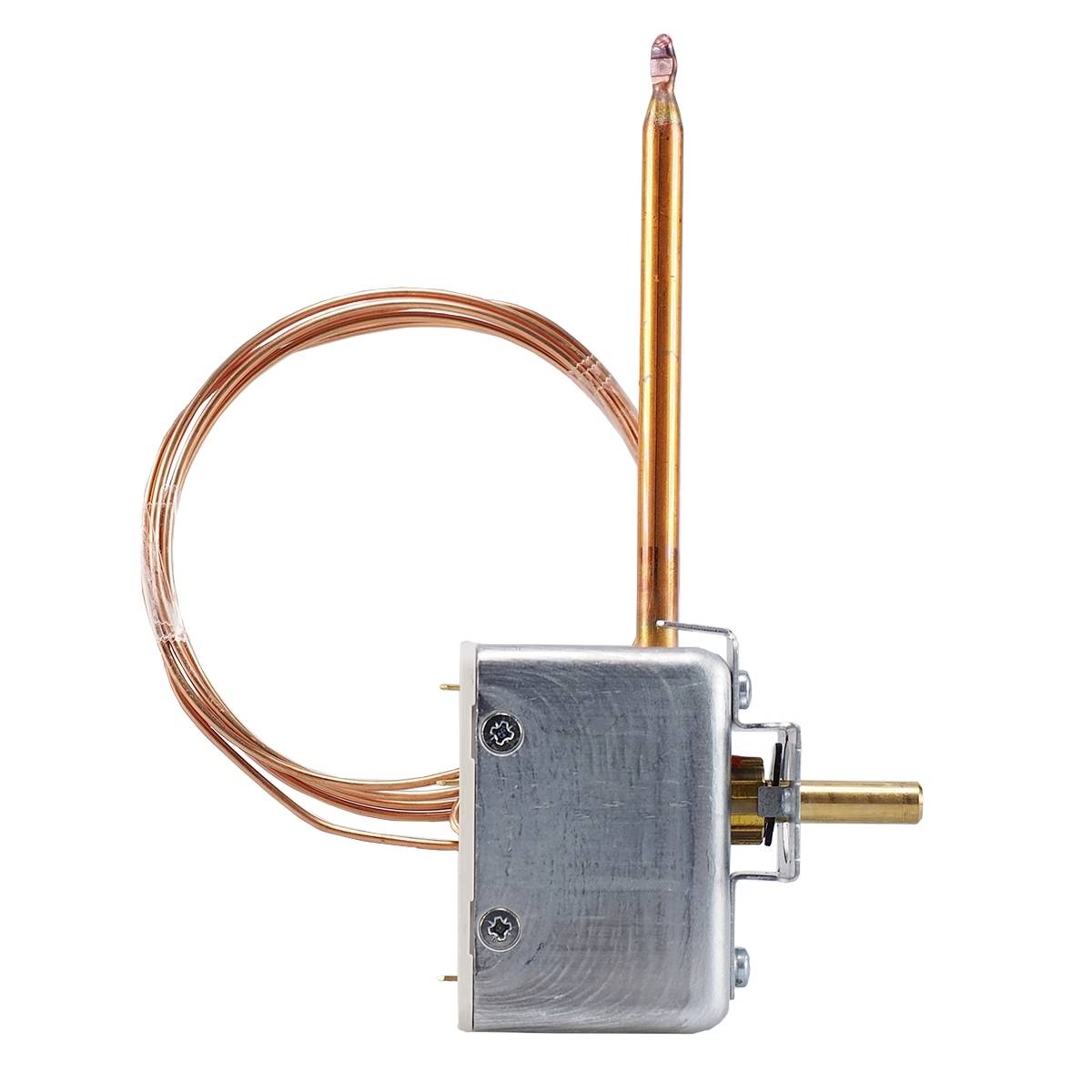 Kobberfølsom temperatursensor med lang sensorstang og omviklet kabel, beregnet til styring af temperaturapparater, set fra siden.