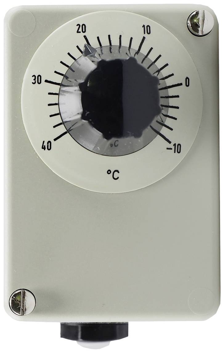Et analogt termostat med en drejelig kontrolknap viser en skala fra -10 til 40 grader Celsius. Kontrolknappen er indstillet til ca. 12°C.