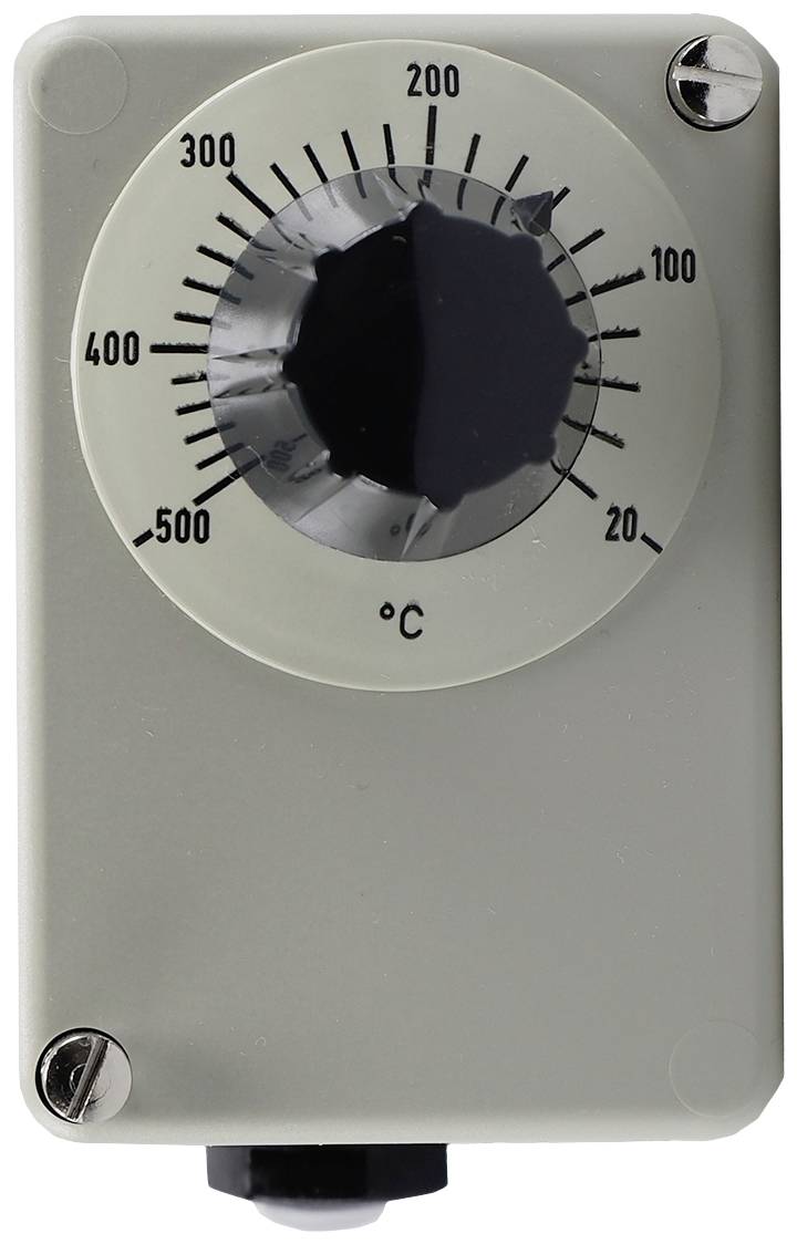 Et analogt termometer med en skala fra 0 til 500 grader Celsius. Et stort drejehjul viser omkring 200 grader.