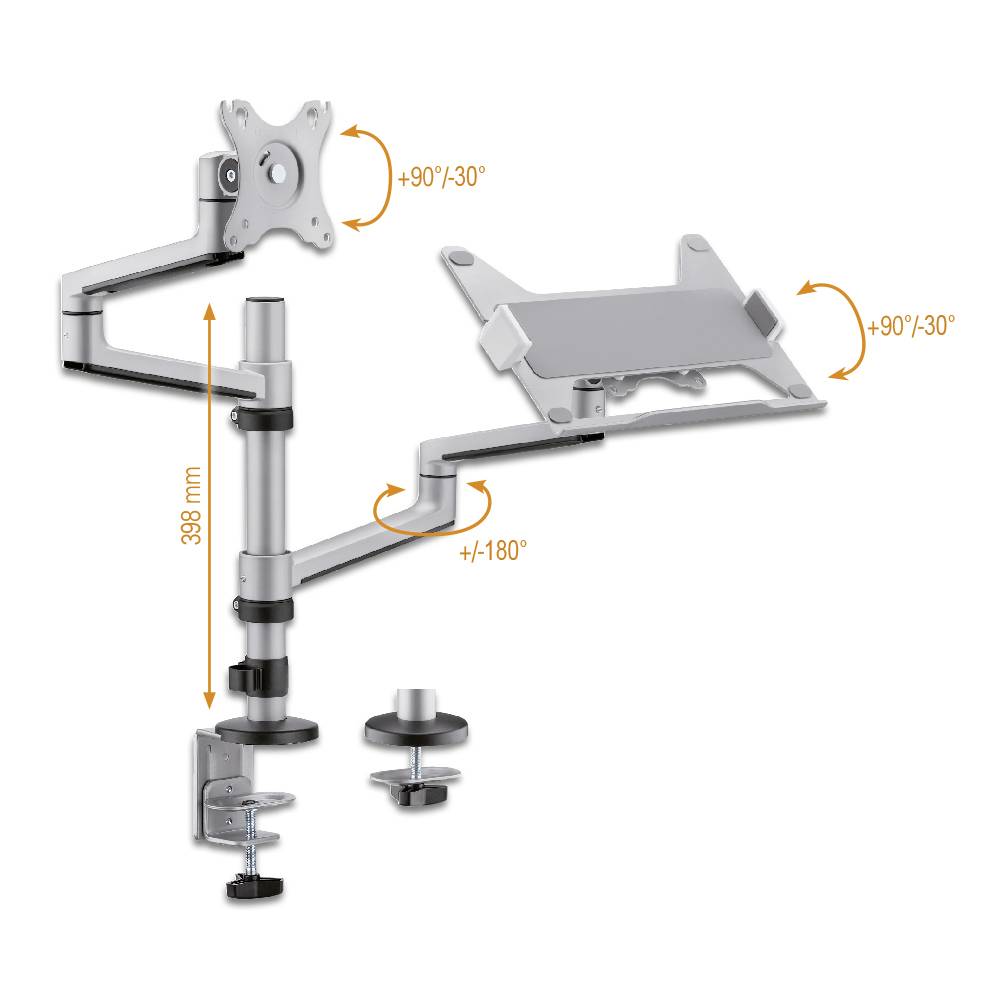 Justerbar monitorfæste med to arme, som muliggør panorering fra +90° til -90°, vipning fra +90° til -30° og 180° rotation. Ideel til fleksible arbejdsmiljøer.