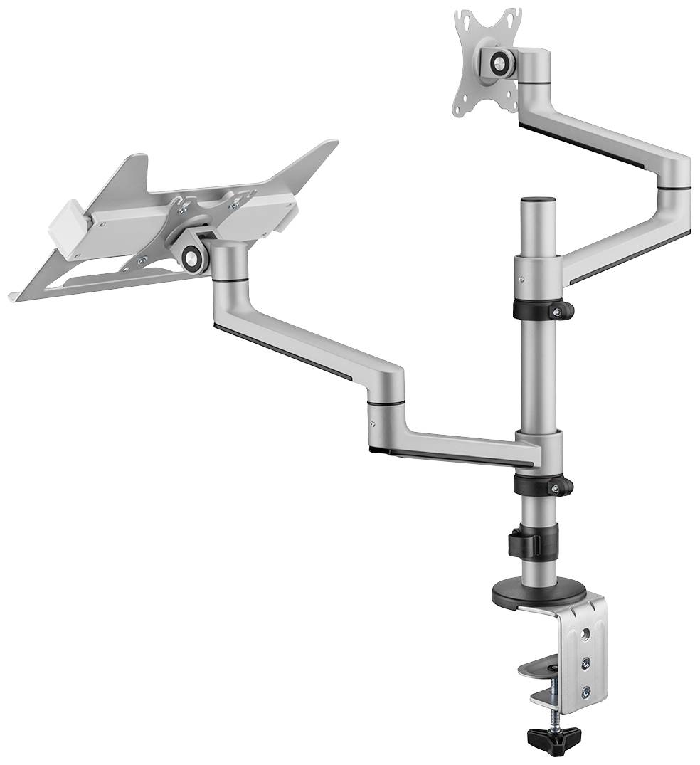 Justerbar metalmonitorarm med to led og bordklemme, egnet til montering af en skærm og en bærbar computer.