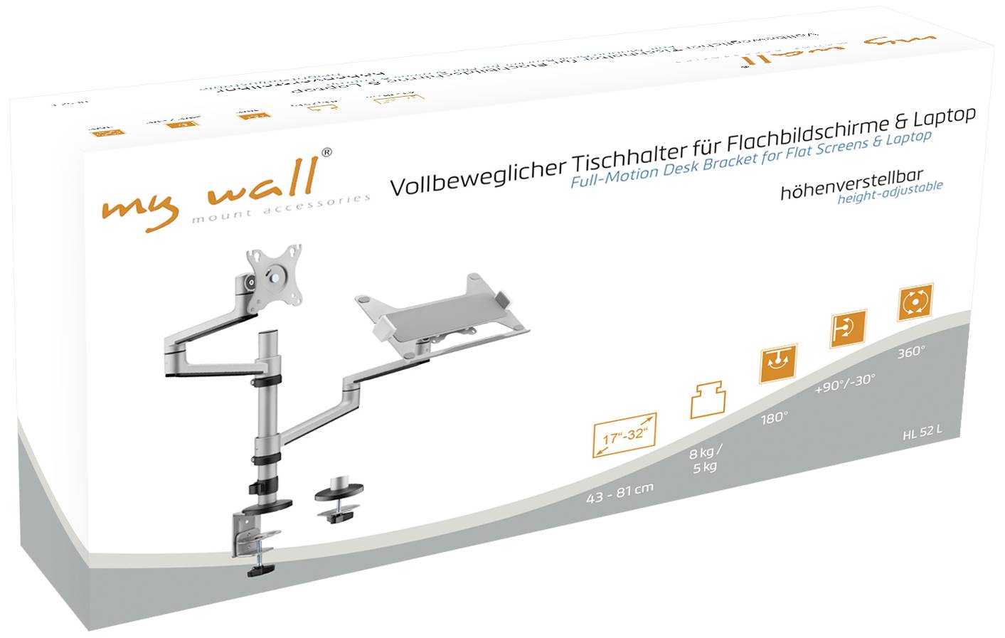 'My Wall' fuldt bevægelig bordbeslag til fladskærme og bærbare computere. Højdejusterbar, egnet til 17"-32", maks. 8 kg.