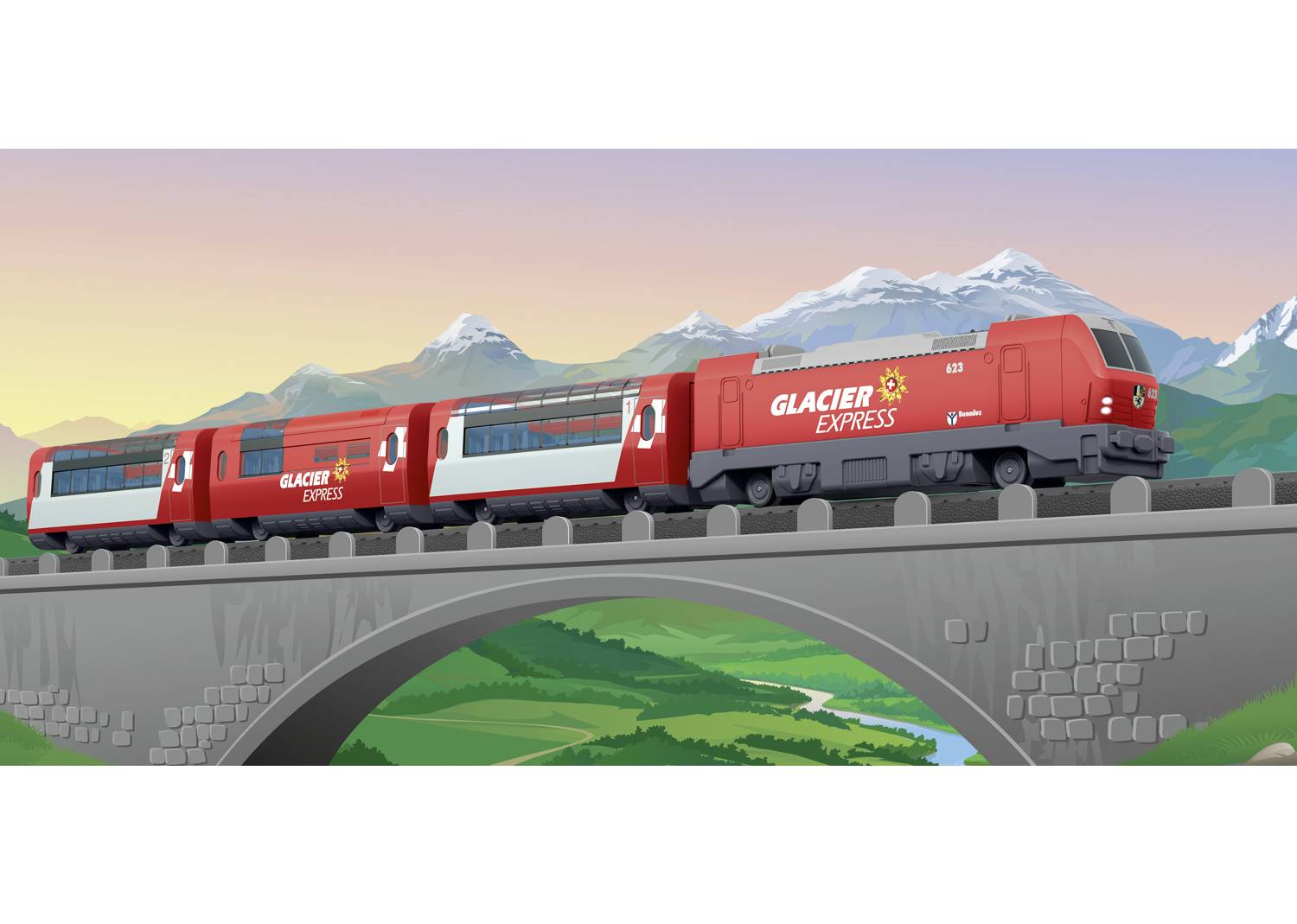 Et rødt tog med påskriften 'Glacier Express' kører over en bro i et bjerglandskab. Baggrunden viser snedækkede bjergtoppe.