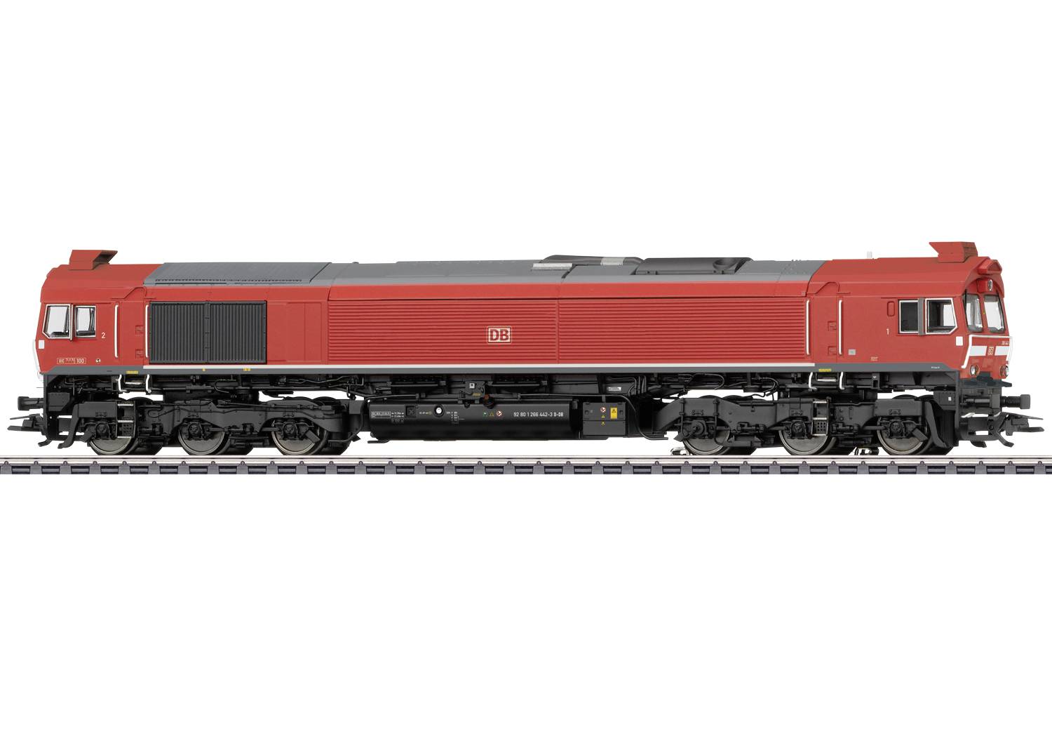 Rød diesellokomomotiv på skinne. Sideview viser detaljer som undervogn og tag. Deutsch Bahn-logo synlig.