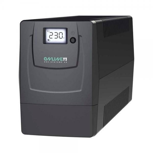 Et sort UPS-apparat med digitalt display viser '230'.