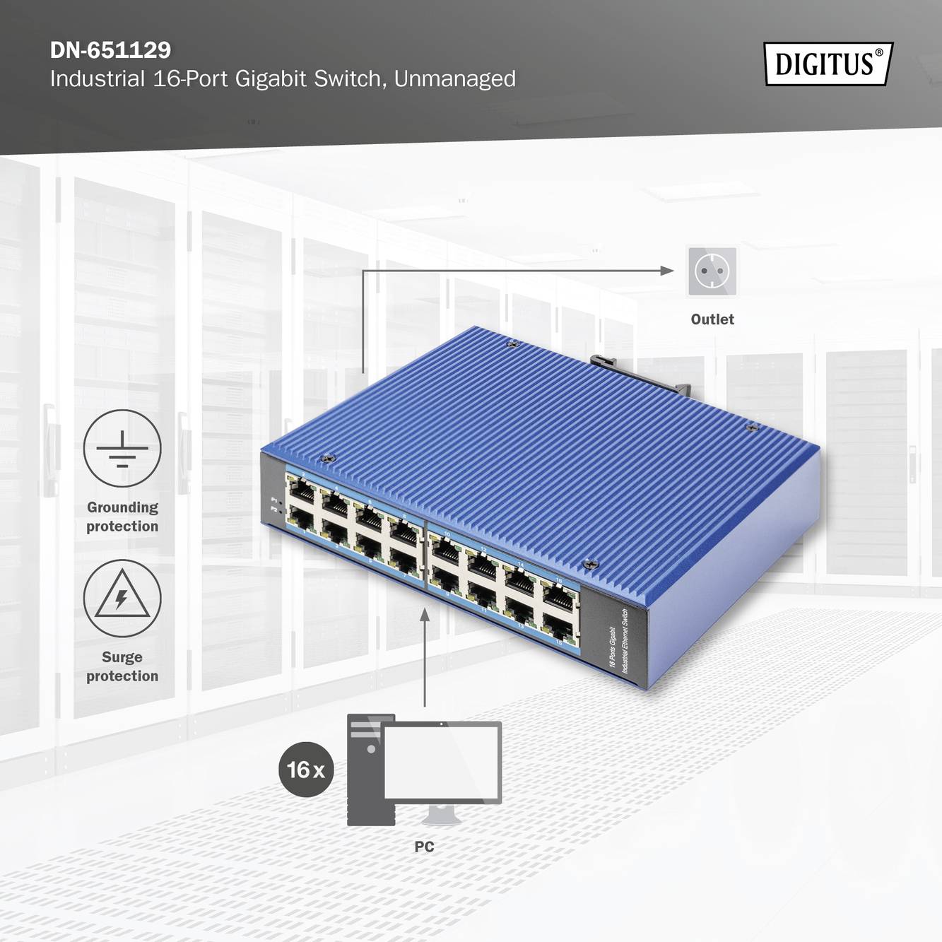 'DN-651129 Industriel 16-Ports Gigabit Switch, Umanaged' foran serverrumskulisse. Billedet viser tilslutninger, jordforbindelse og overspændingsbeskyttelse.