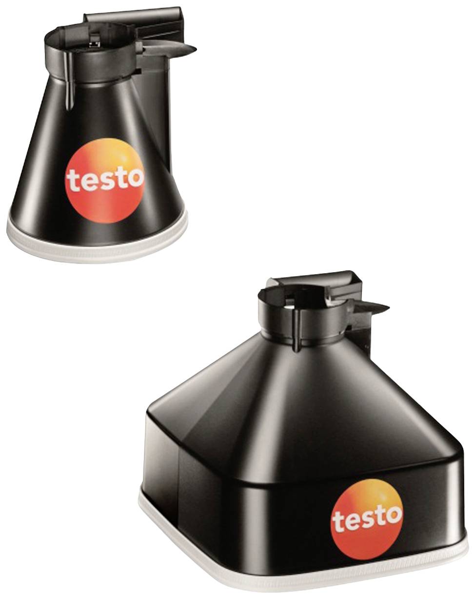 To sorte, tragt-formede aufsætze med 'testo'-logo, brugt til luftmåling i bygninger.