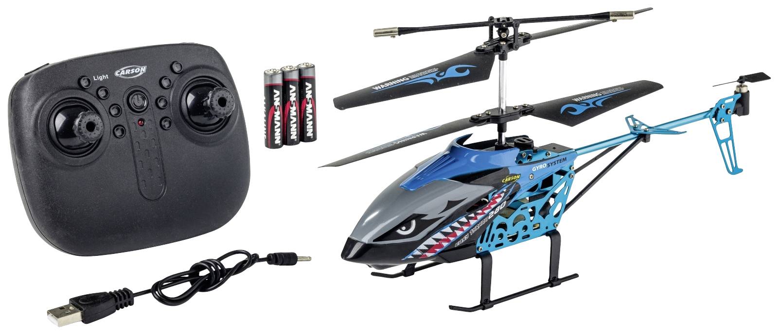 Fjernstyret helikopter med hajprint, fjernbetjening, batterier og USB-opladningskabel.