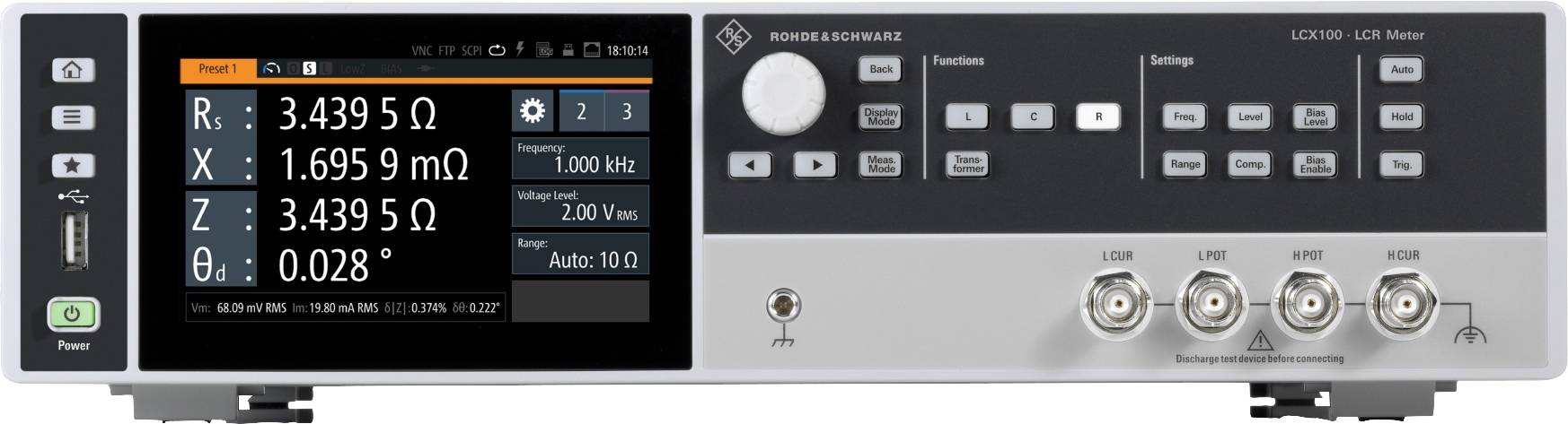 Et LCR-måleapparat viser måleværdier: R = 3,4395 Ω, X = 1,6959 Ω, Z = 3,4395 Ω, D = 0,028 ved 1000 Hz og 2,00 V.