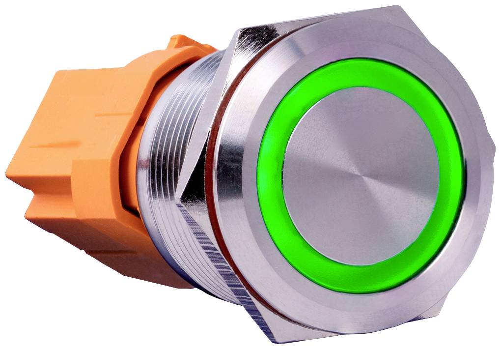 En rund metalafbryder med grøn belyst ring og orange plastikfatning.