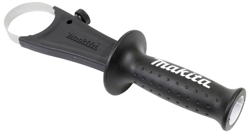 Sort, ergonomisk greb på en elektrisk værktøjsholder med Makita-logo, sandsynligvis til en boremaskine eller en vinkelsliber.