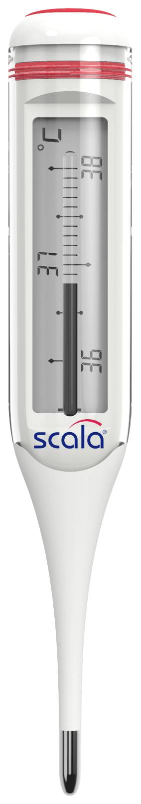Digitalt termometer med visning i Celsius og Fahrenheit. Varemærkets logo og temperaturvisningen er synlige.