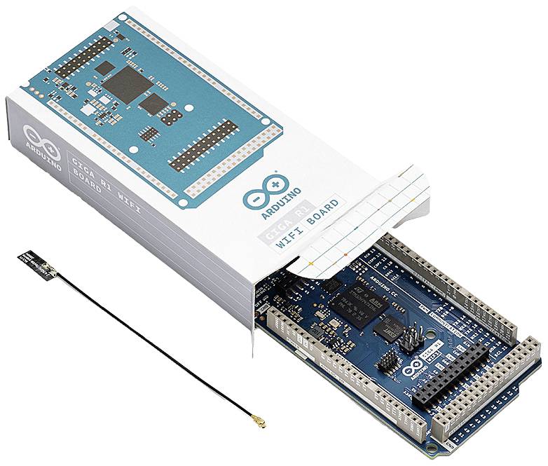 Arduino-udviklingsboard med kabel og åben emballage. Hovedvisning viser et detaljeret design med tilslutningsmuligheder og antenne.