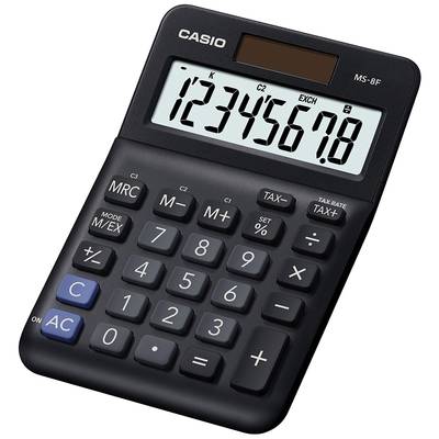 En sort lommeregner med stort display viser talrækken '12345678'. Taster til grundlæggende regnearter og skatteberegning.
