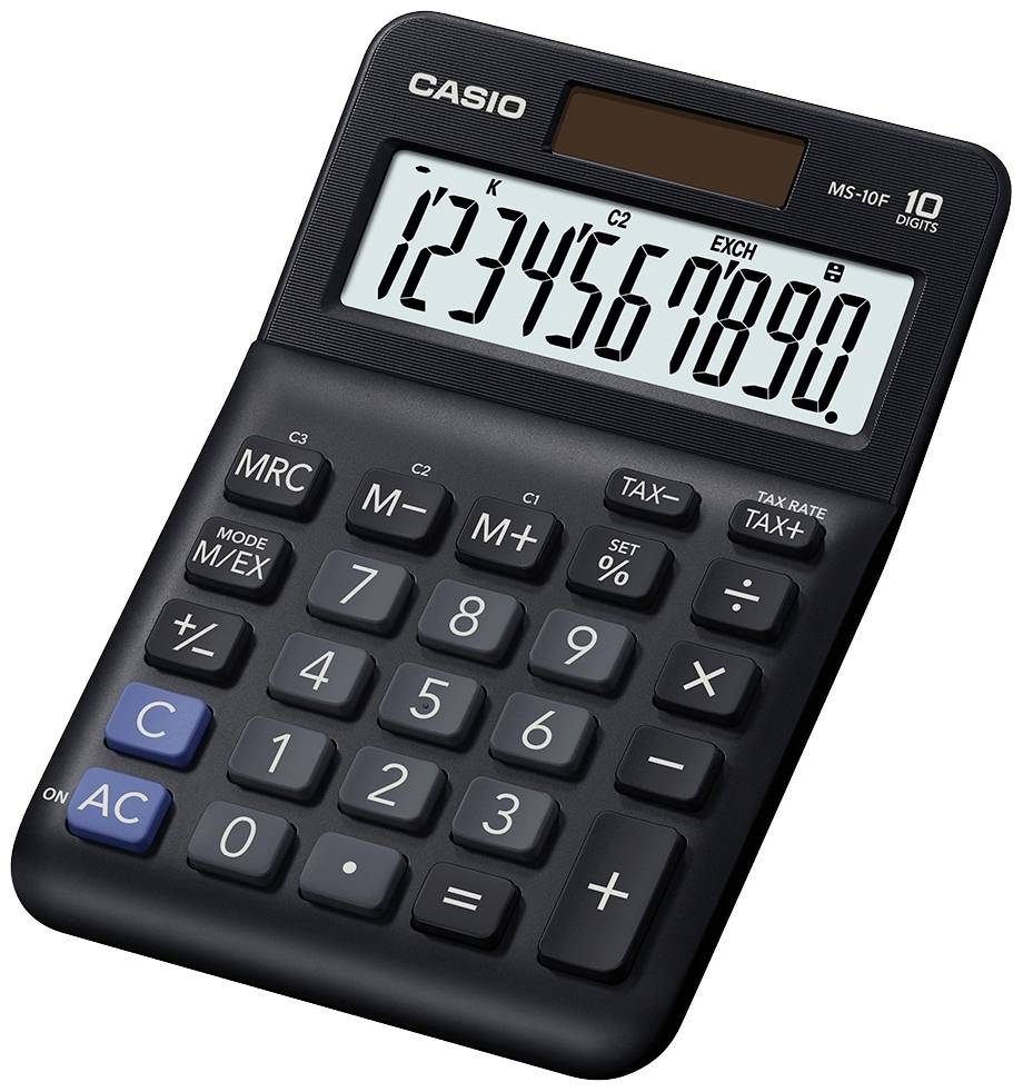 En sort lommeregner med et display viser tallene '1234567890'. Taster til grundlæggende matematiske funktioner er synlige.