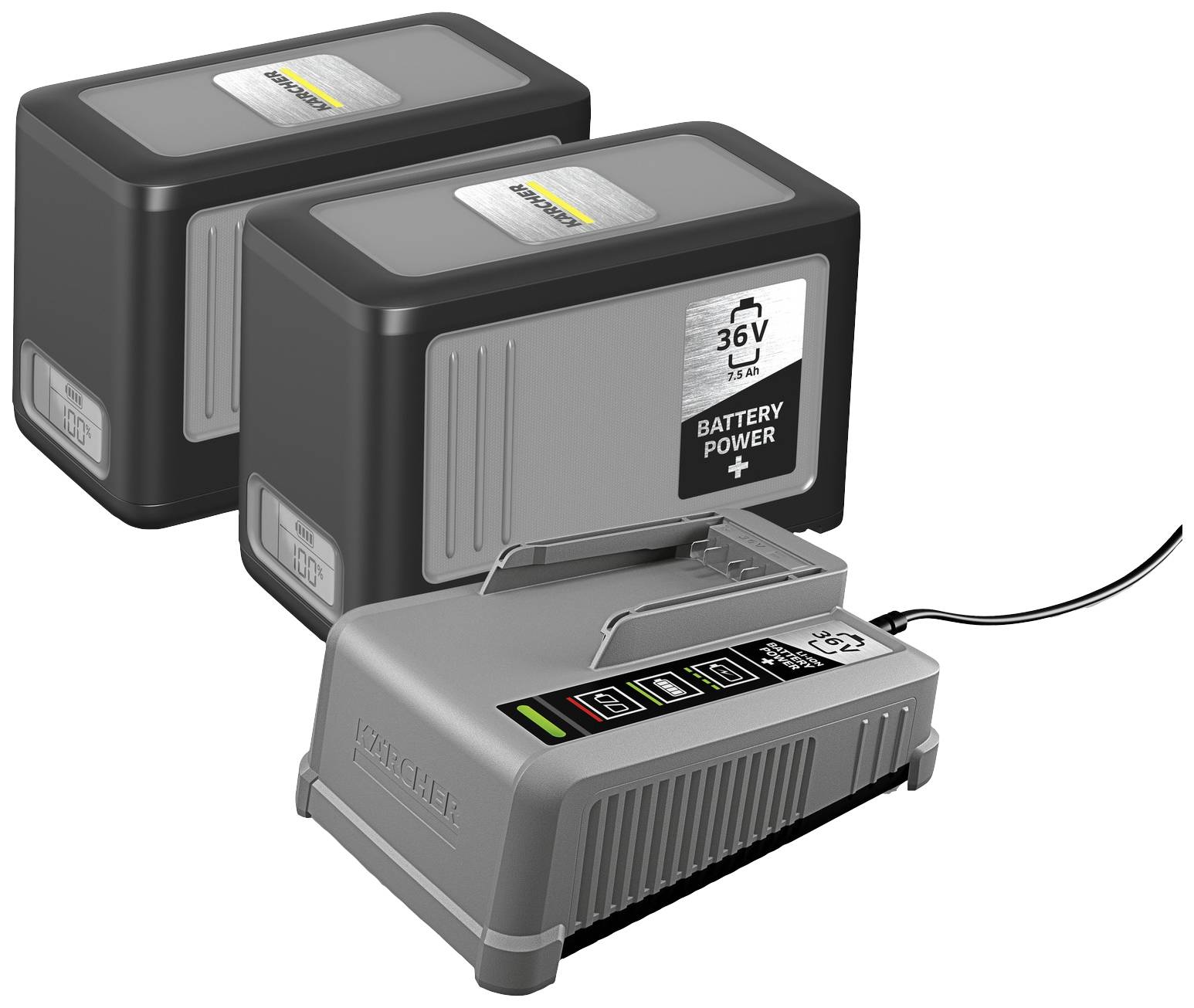 To 36V-batterier med oplader. Opladningsindikatoren viser opladningsstatus.