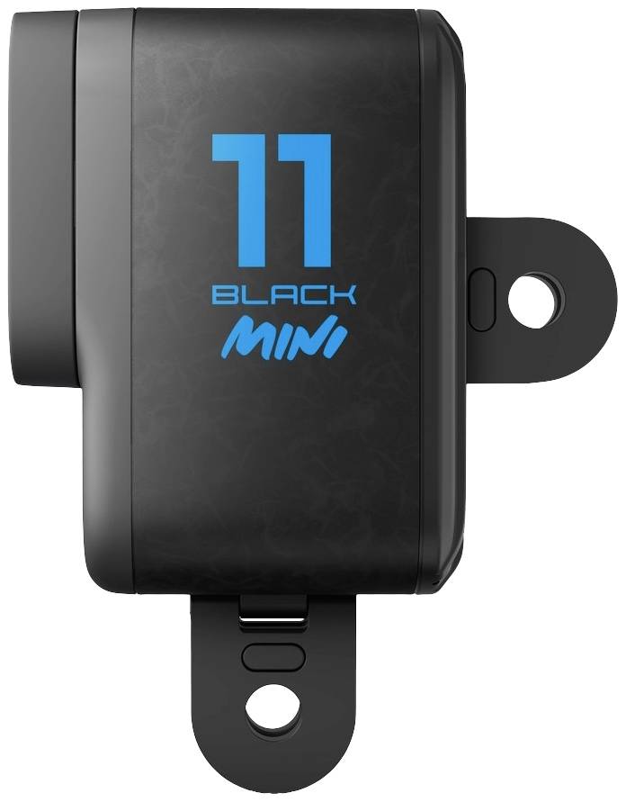 Kompakt sort kamera set fra siden med påskriften '11 BLACK MINI' i blå. Den har et beslag i nedre højre hjørne.