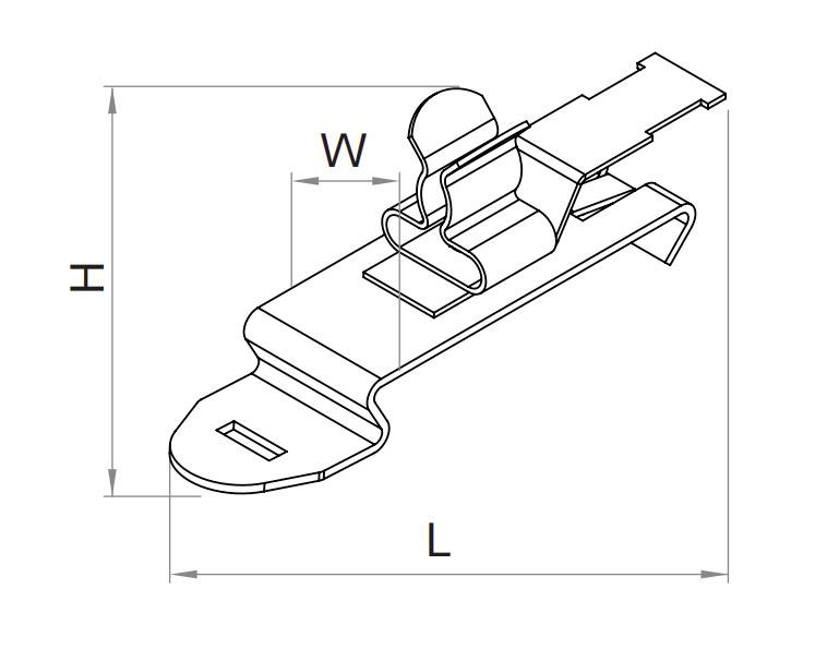 Teknisk tegning af en metalclips med dimensioner: Længde (L), Bredde (W), Højde (H). Clipsen har en buet form.