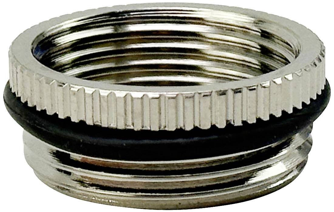 En sølvfarvet metaladapter med riflet kant og en sort gummipakning. Bruges til forbindelser, eksempelvis i sanitetsinstallationer.