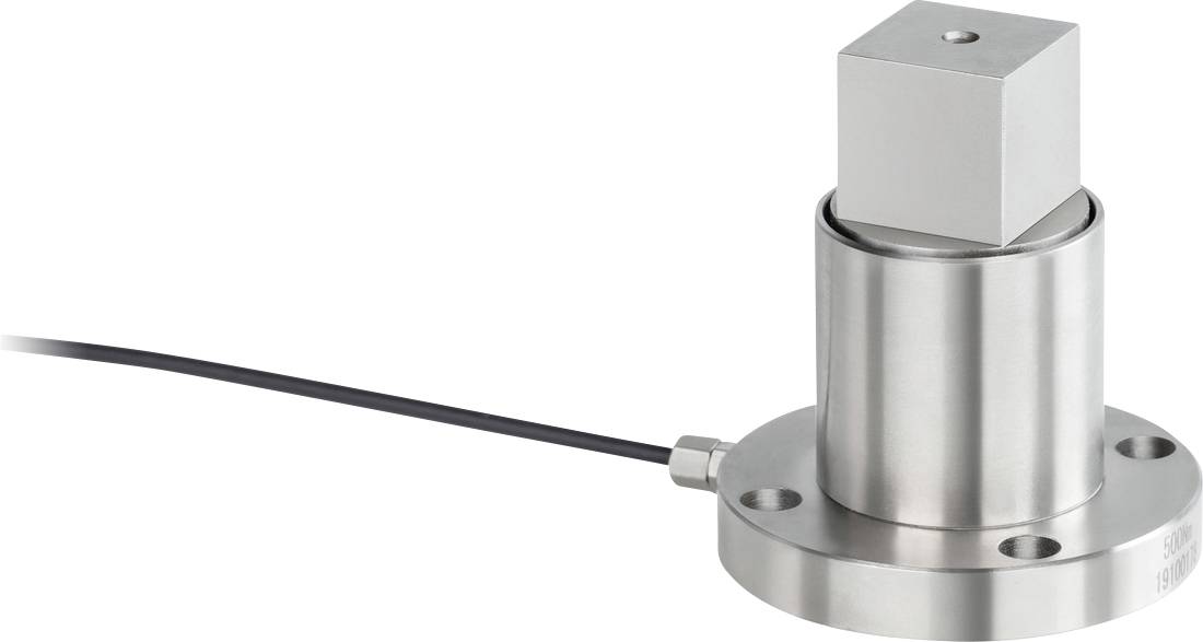 En cylindrisk sensor med metalkappe og kabel, monteret på en rund base. Den øverste del er kubisk formet.