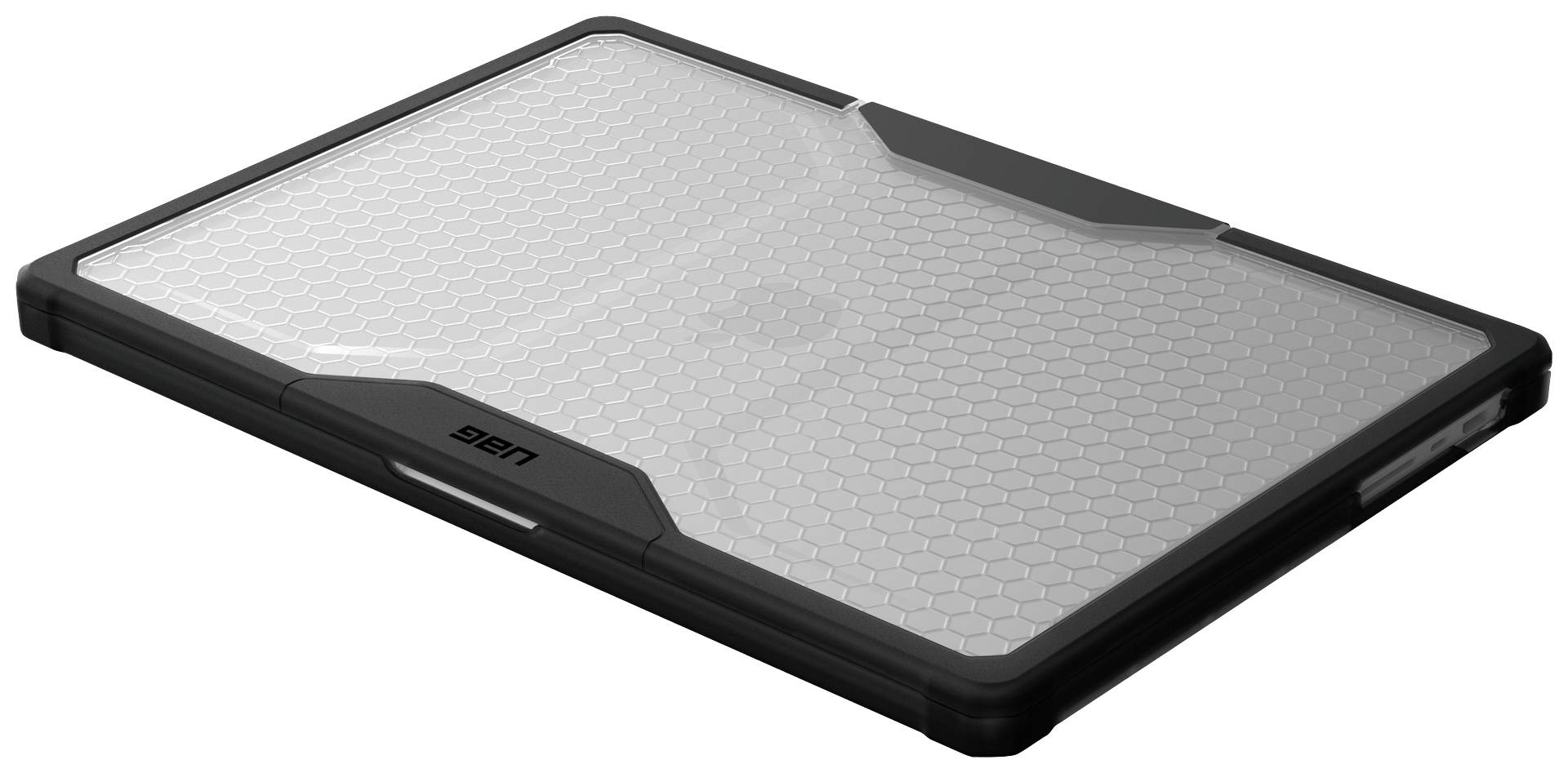 Et sort og sølvfarvet tablet med et sekskantет mønster på bagsiden, liggende på en overflade.