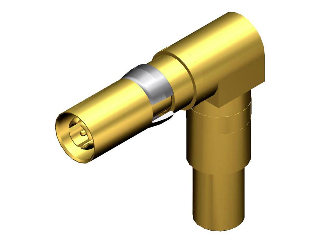 Metalforbindelsestik i L-form, primært guldfarvet med sølvring, teknisk illustration.