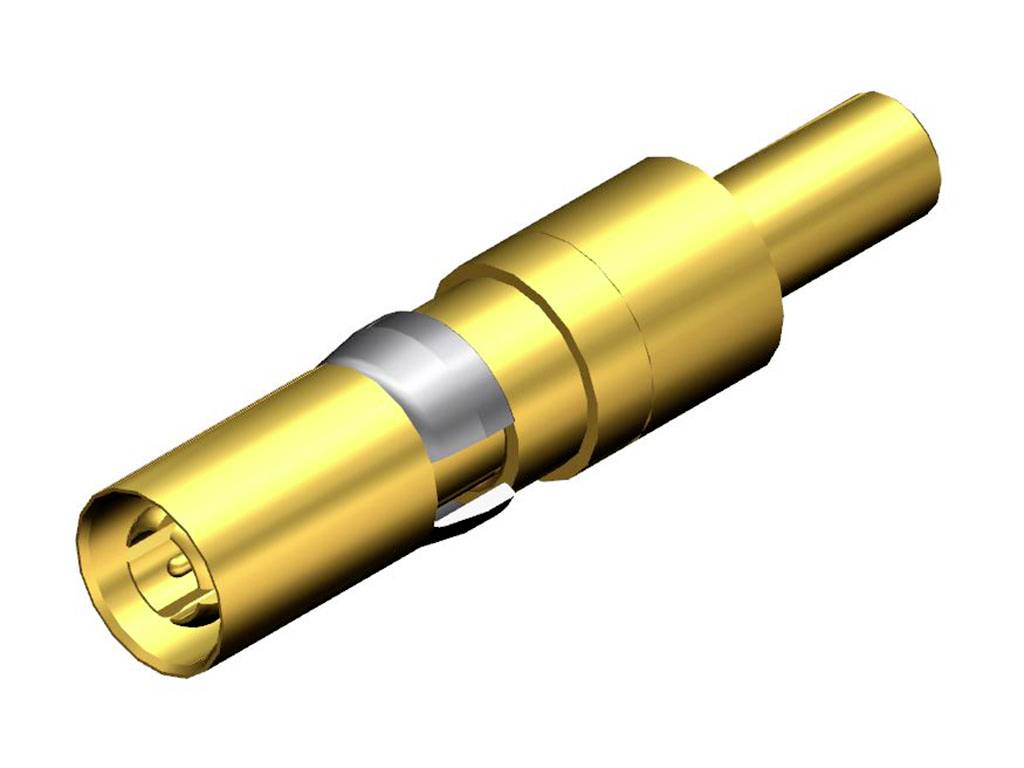 En guldfarvet, cylindrisk metalstik med flere ringe og noter, sandsynligvis en elektrisk forbindelsesstik.