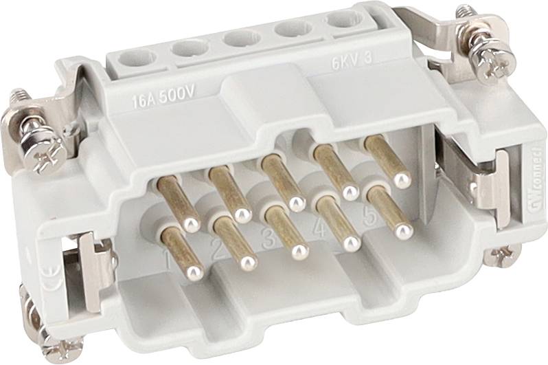 Et rektangulært multi-pin elektrisk stik med metalbeslag på hver side, mærket '16A 500V' og '6FX3', udstyret med otte ben arrangeret i to rækker.
