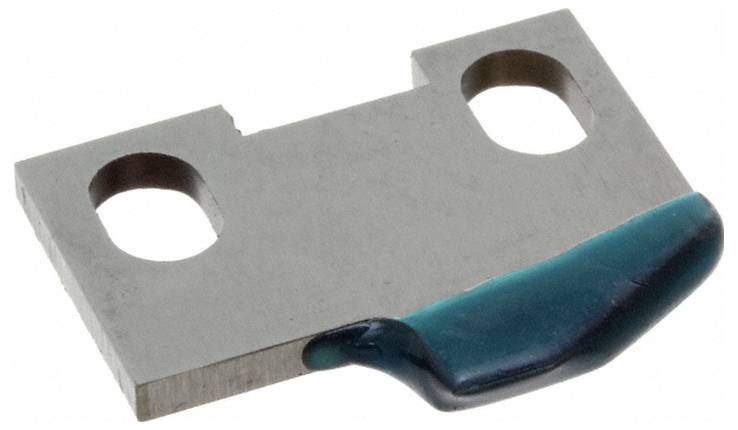 En lille metalblok med to cirkulære huller og et blågrønt gummeret greb langs kanten, sandsynligvis til brug som monteringsbracket.