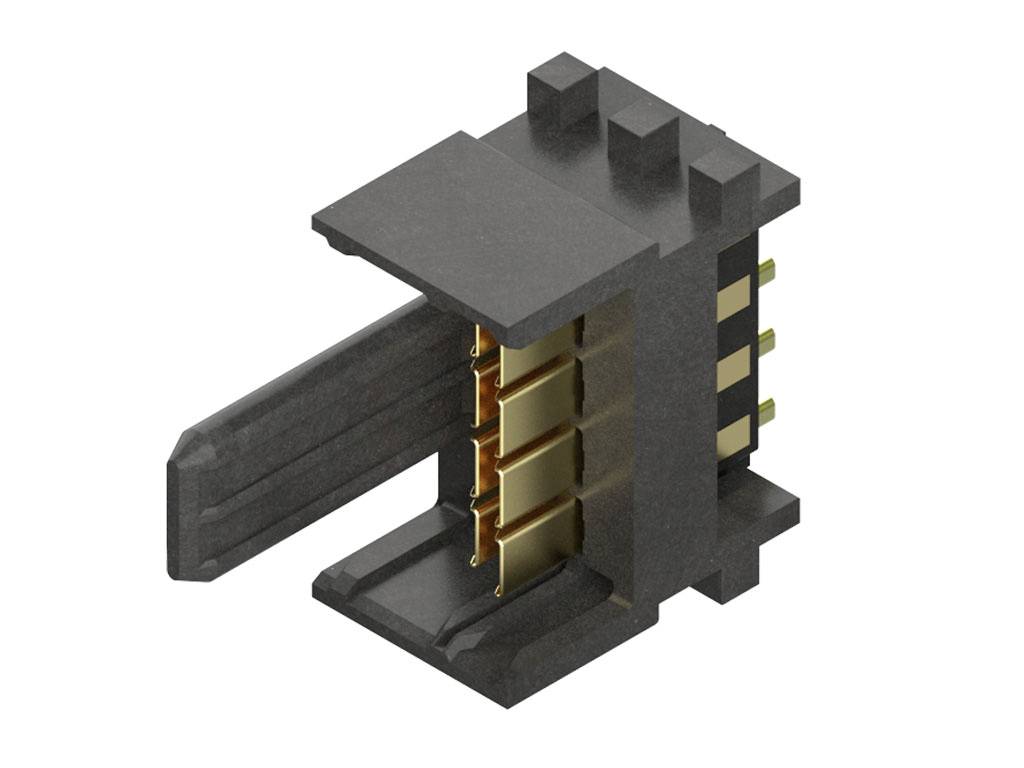 Stikforbindere med flere gyldne kontakter i et sort hus, set fra siden, viser klemmer til forbindelse.
