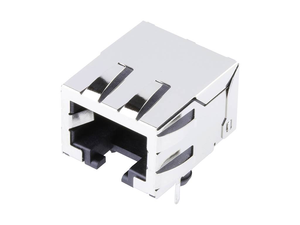 En sølvfarvet RJ45-stik i metal, set forfra, egnet til montering i elektroniske enheder til netværkstilslutning.